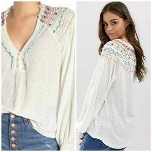 Free People Siesta Fiesta Size L Embroidered Relaxed Crochet Top Blouse Bohemian